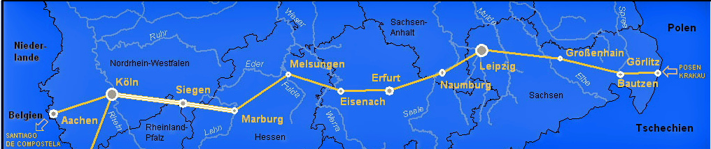 Wegstrecke von Görlitz über Leipzig, Eisenach, Marburg, Siegen, köln nach Aachen und weiter nach Santiago de Compostela