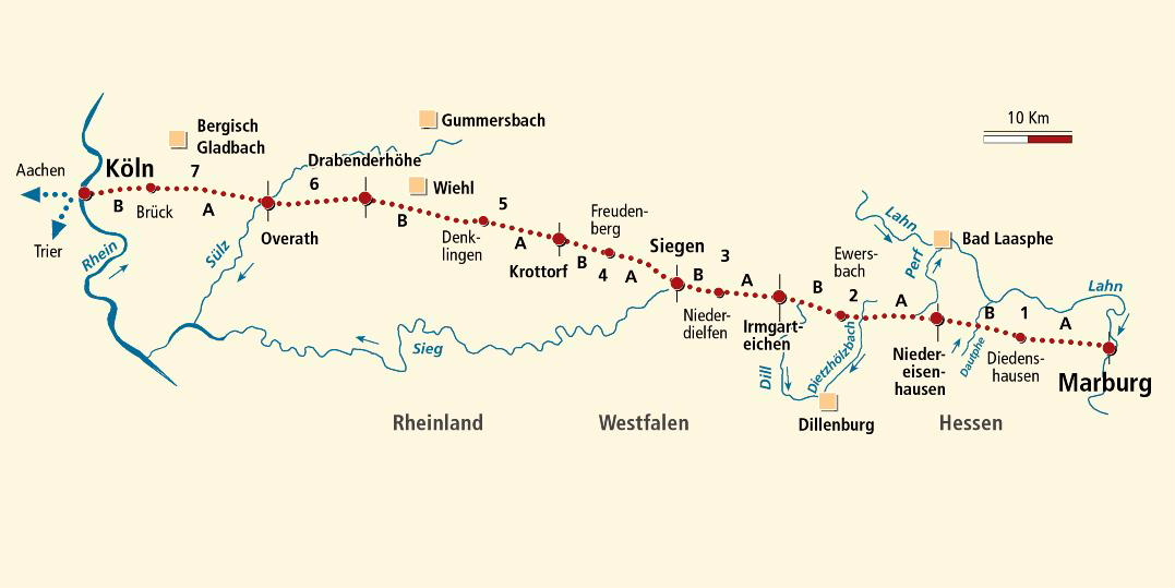 Wegstrecke Marburg - Siegen - Overath - Köln